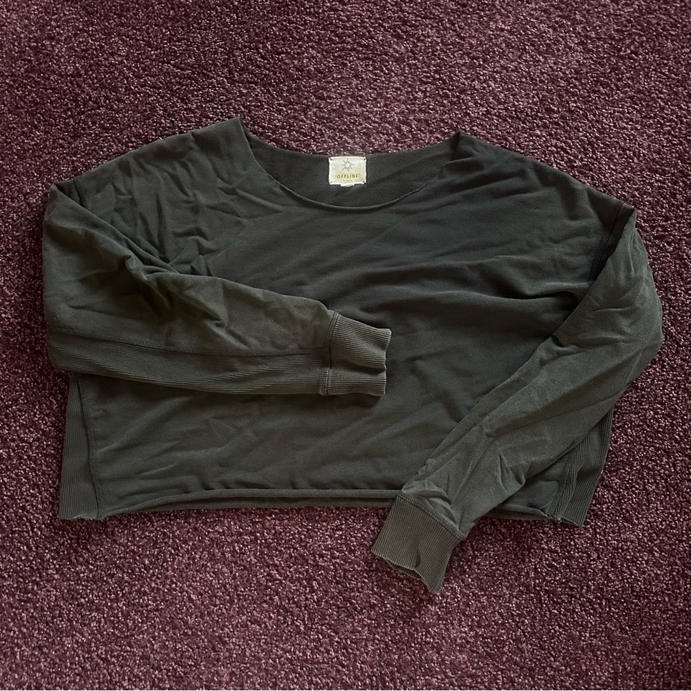 OFFLINE by American Eagle Black Cropped Off the Shoulder Long Sleeve Sweatshirt